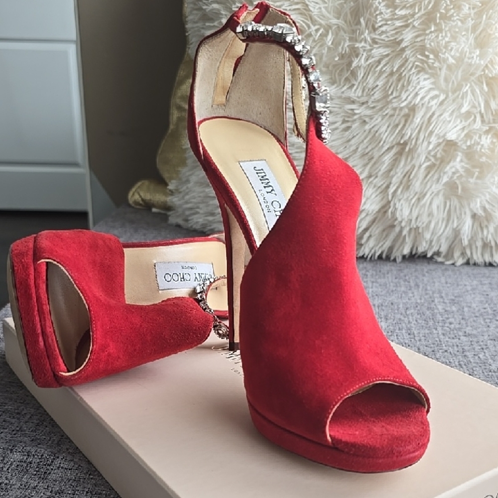Jimmy Choo Red Suede Heels with Ankle Strap